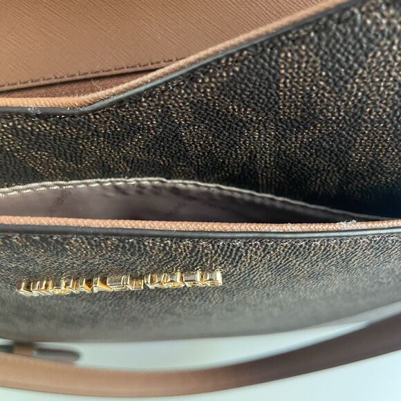 Michael Kors Jet Set Large Signature Logo Shoulder Bag Tote Brown Chain Strap - Picture 11 of 12